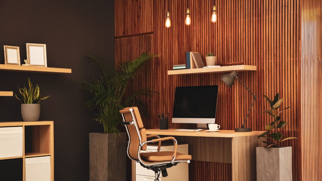 A cozy office interior with a wooden desk against a slated wooden wall with desktop, lamp, and coffee mug and a comfortable brown leather chair.