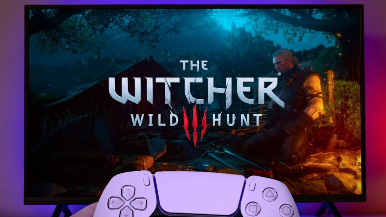 The Witcher 3 game running in tv screen and a half shot of game controller