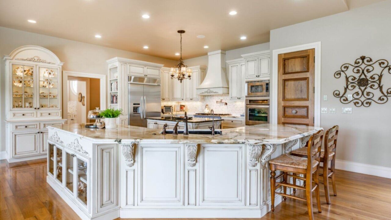 A luxurious kitchen with marble countertops