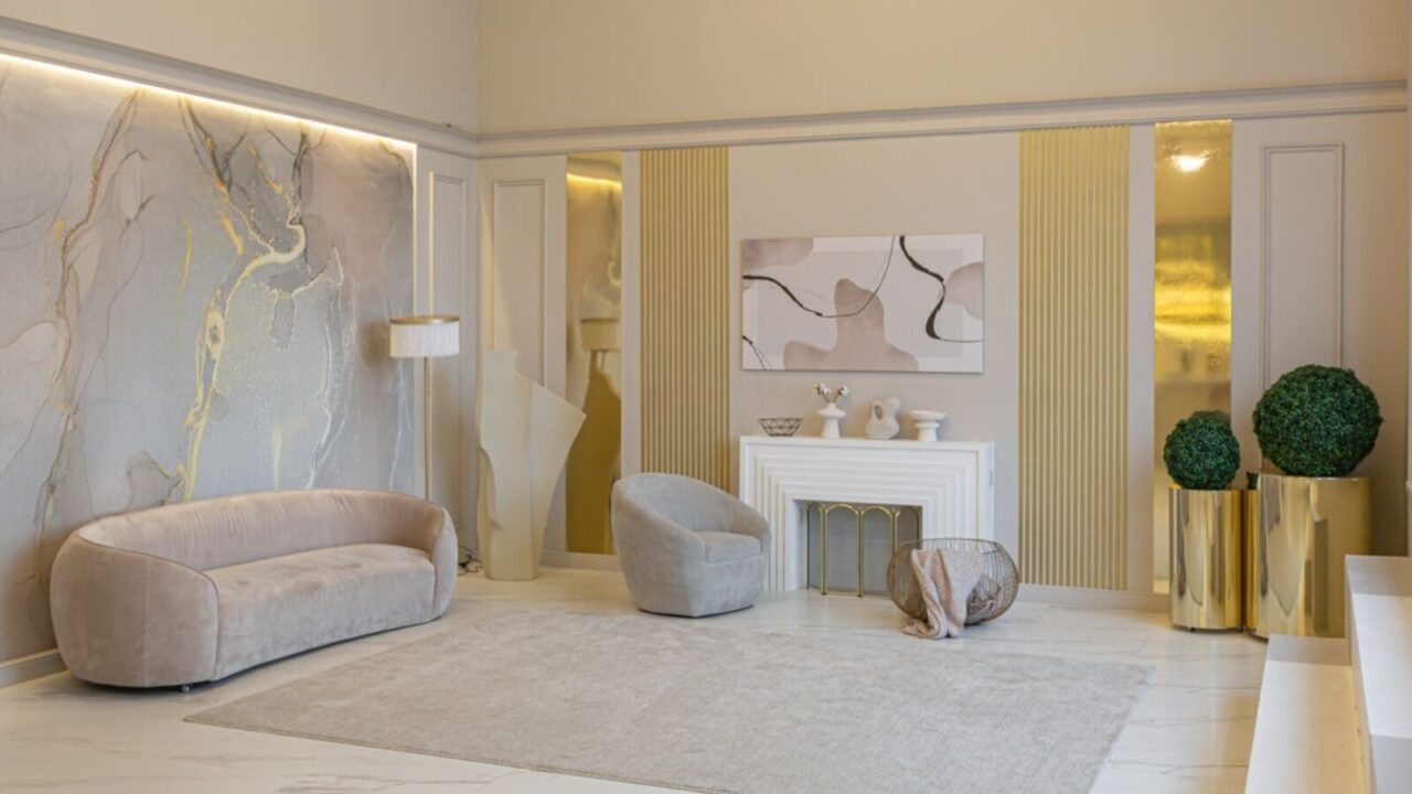 The latest fashion home trends in an ultra modern elegant interior of a cozy studio in soft pastel colors.