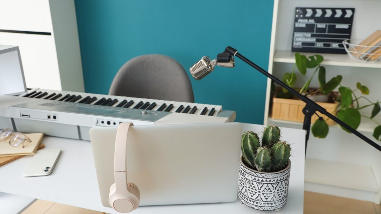 A podcast studio setup at home with piano, laptop, headphones, and microphone for recording. A potted cactus is placed on the table as décor