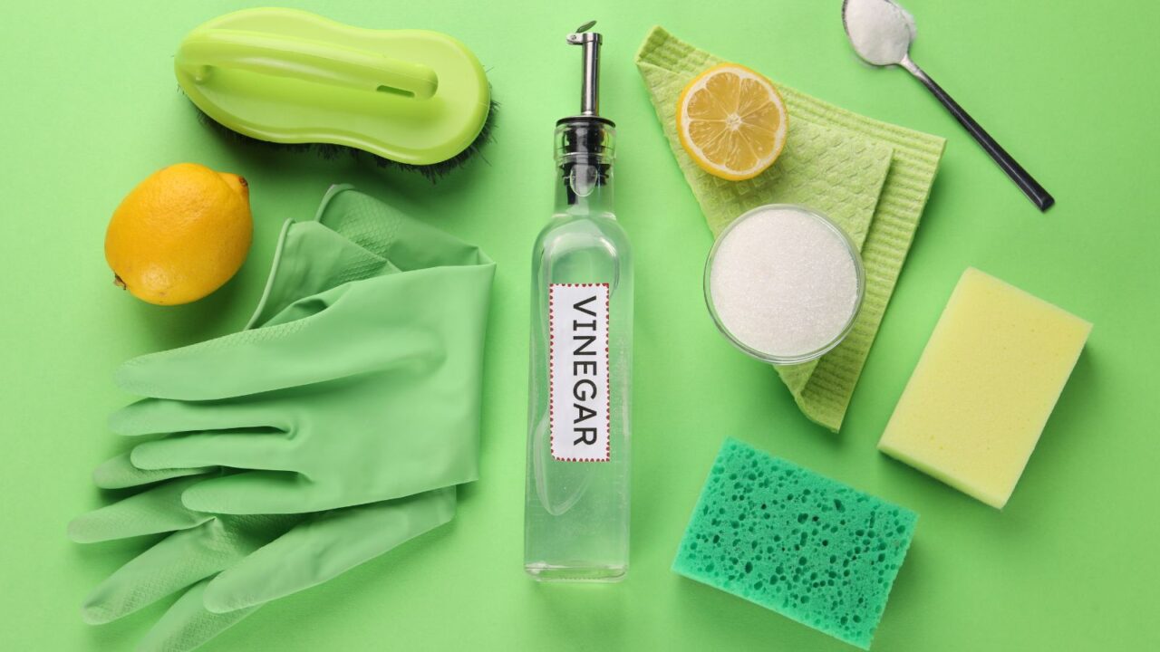 A top-down view of cleaning supplies on a green background, including a bottle of vinegar, a lemon, a bowl of baking soda, rubber gloves, sponges, and a brush.