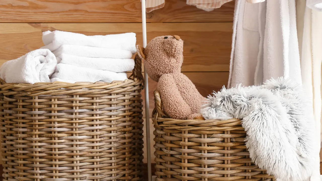 Baskets with laundry near wooden wall in room