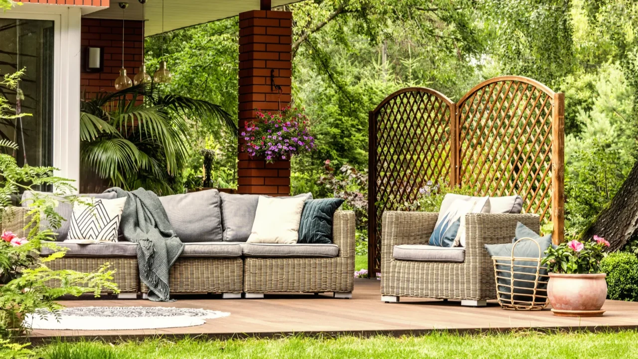 Blanket thrown on garden sofa and basket with pillows standing next to armchair on wooden terrace