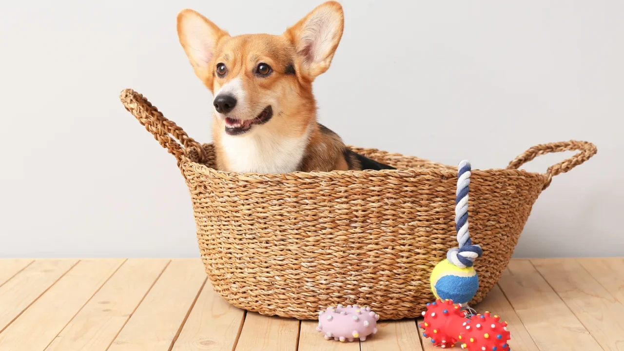 Cute dog in basket and with different pet accessories at home. Banner for design