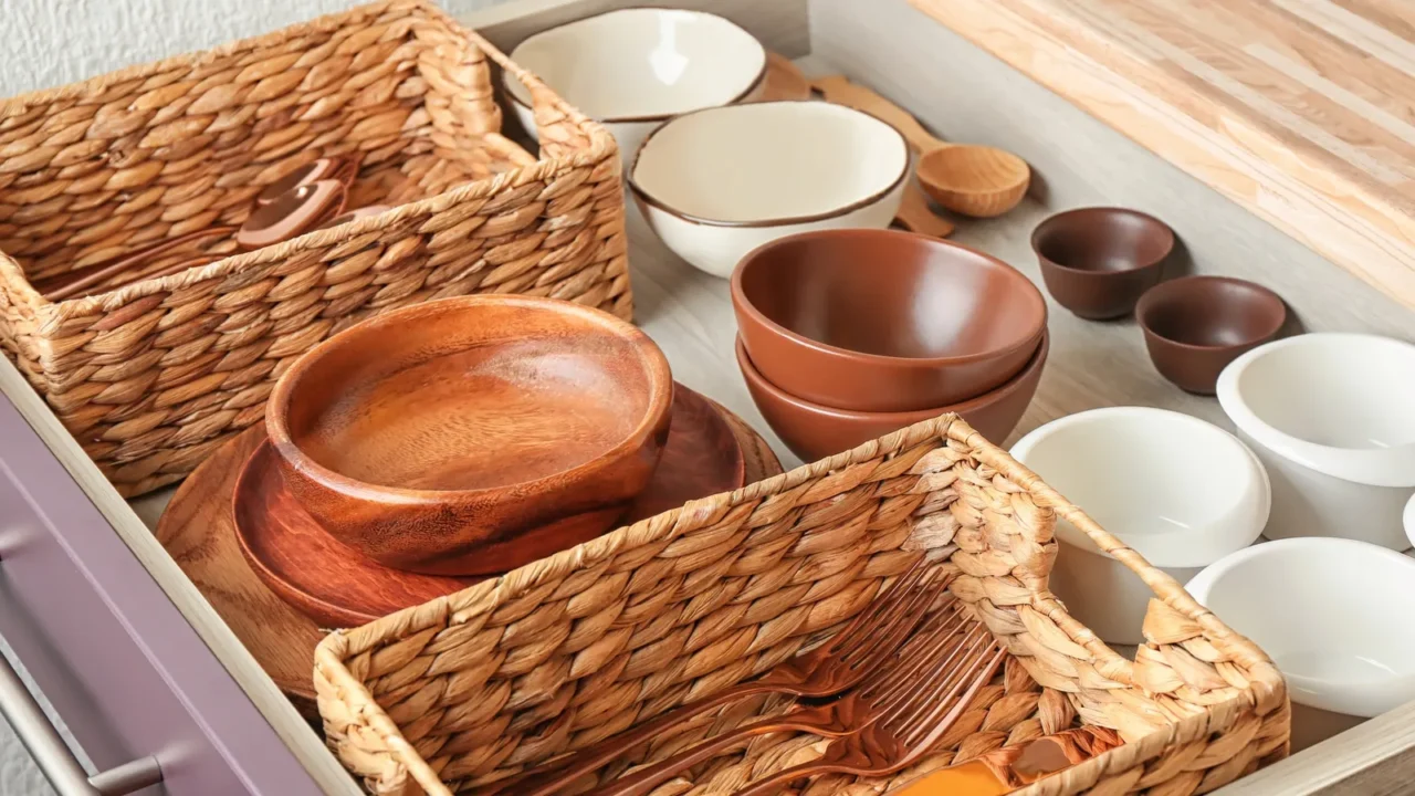 Cutlery and dishware in kitchen drawer