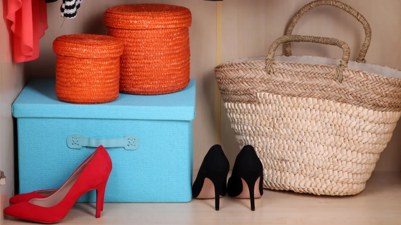 Female shoes and boxes in wardrobe