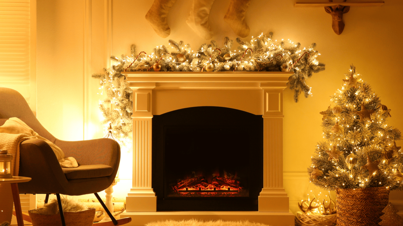 Fireplace in living room decorated for Christmas