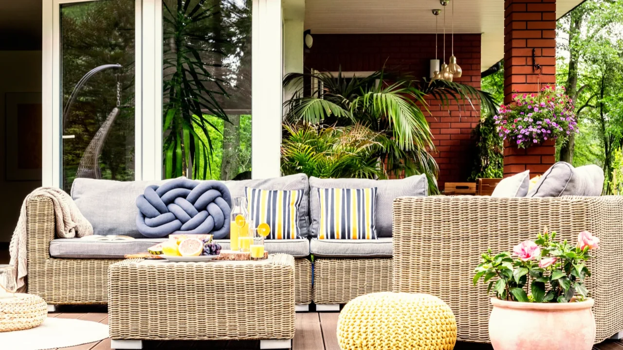 Garden table with fruits and fresh orange juice standing on wooden terrace with plants, armchair and sofa with pillows