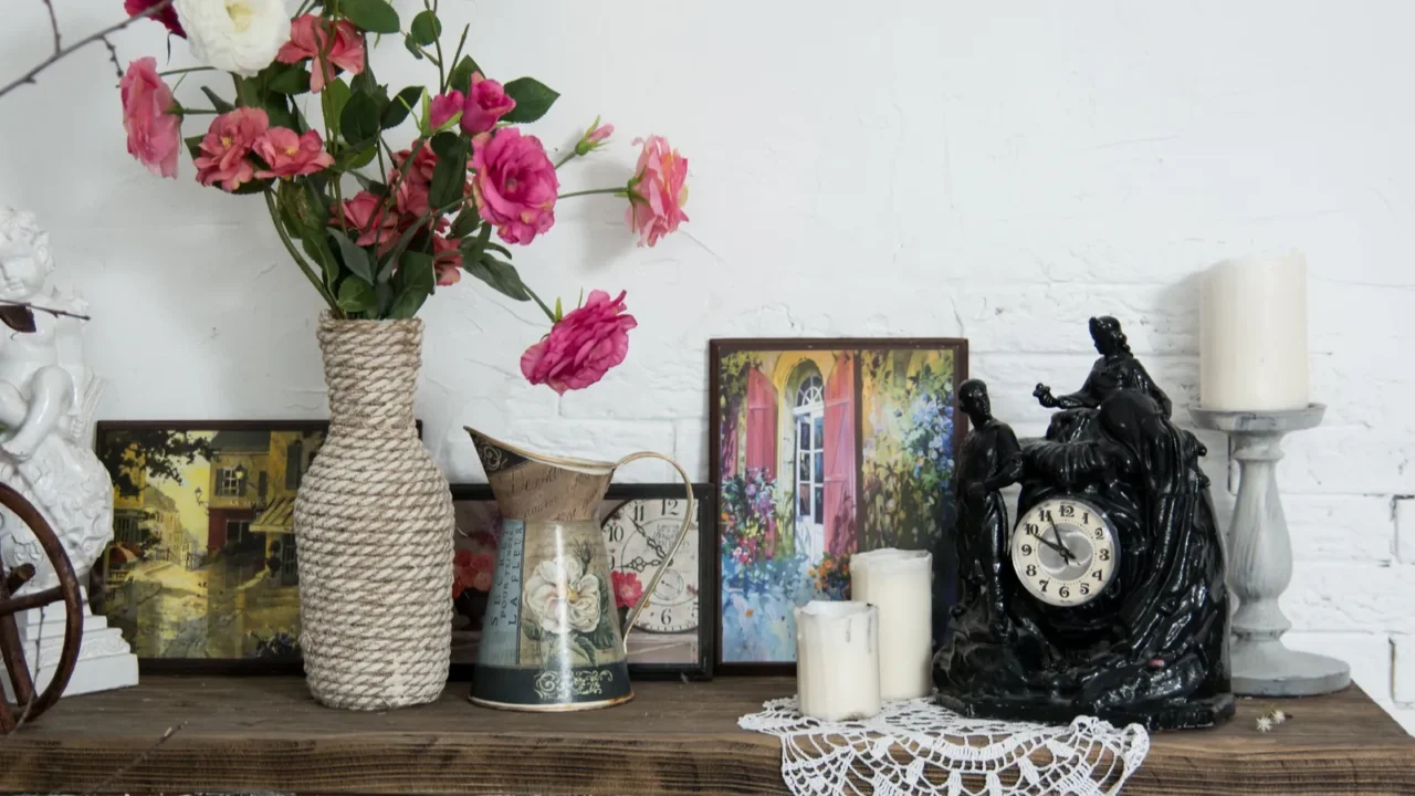 Interior design vases with flowers and candles clock brick firep