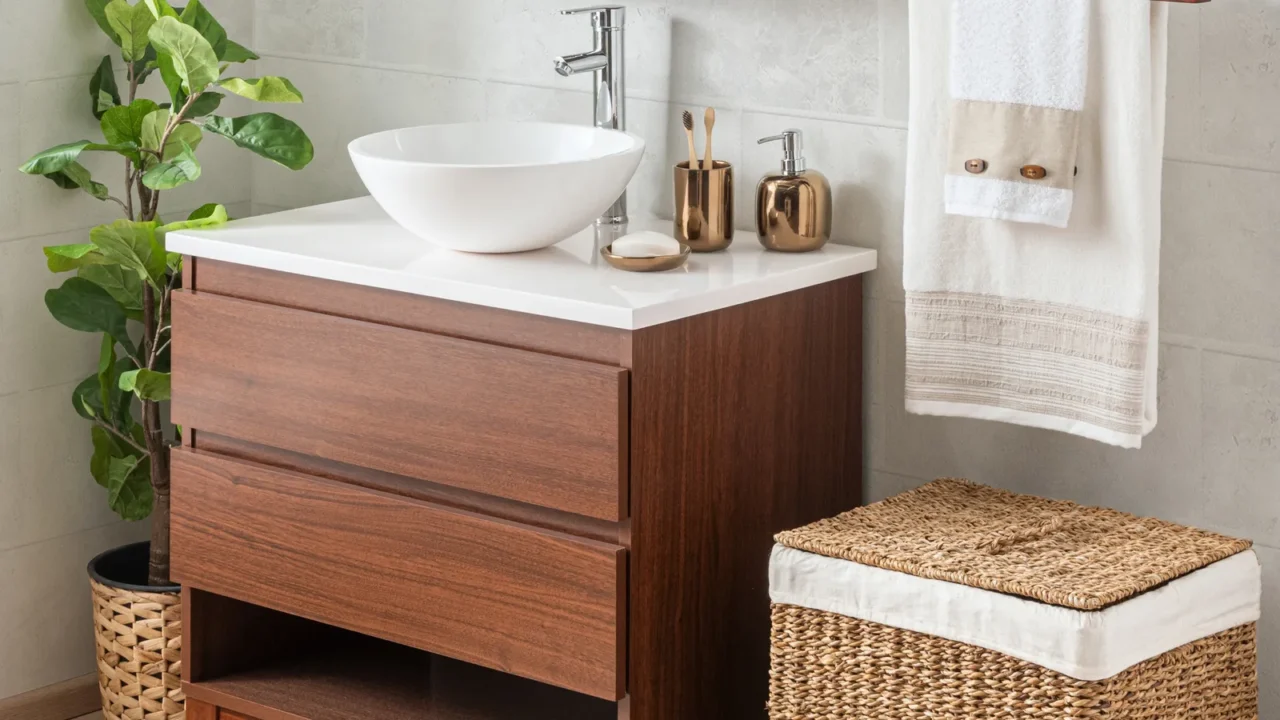 A bathroom interior with wooden vanity, marble countertop, ceramic sink, gold toned accessories, and a woven laundry basket.