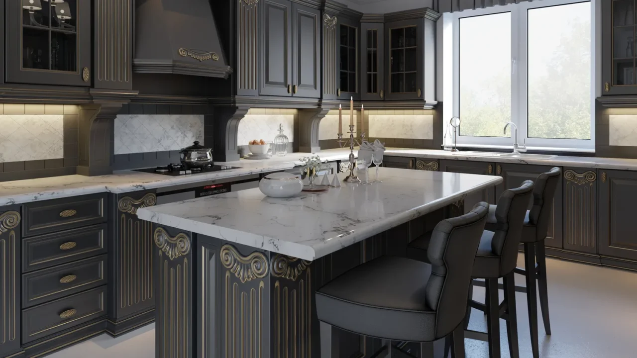 A sophisticated kitchen featuring dark cabinetry with gold accents, a marble countertop, and natural light streaming through large windows.