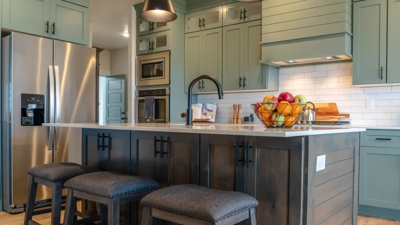 Kitchen island with stools against cabinets refrigerator and cooktop background