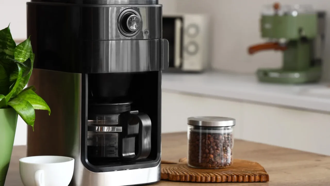 Modern coffee machine with jar of beans and cup on wooden table in kitchen