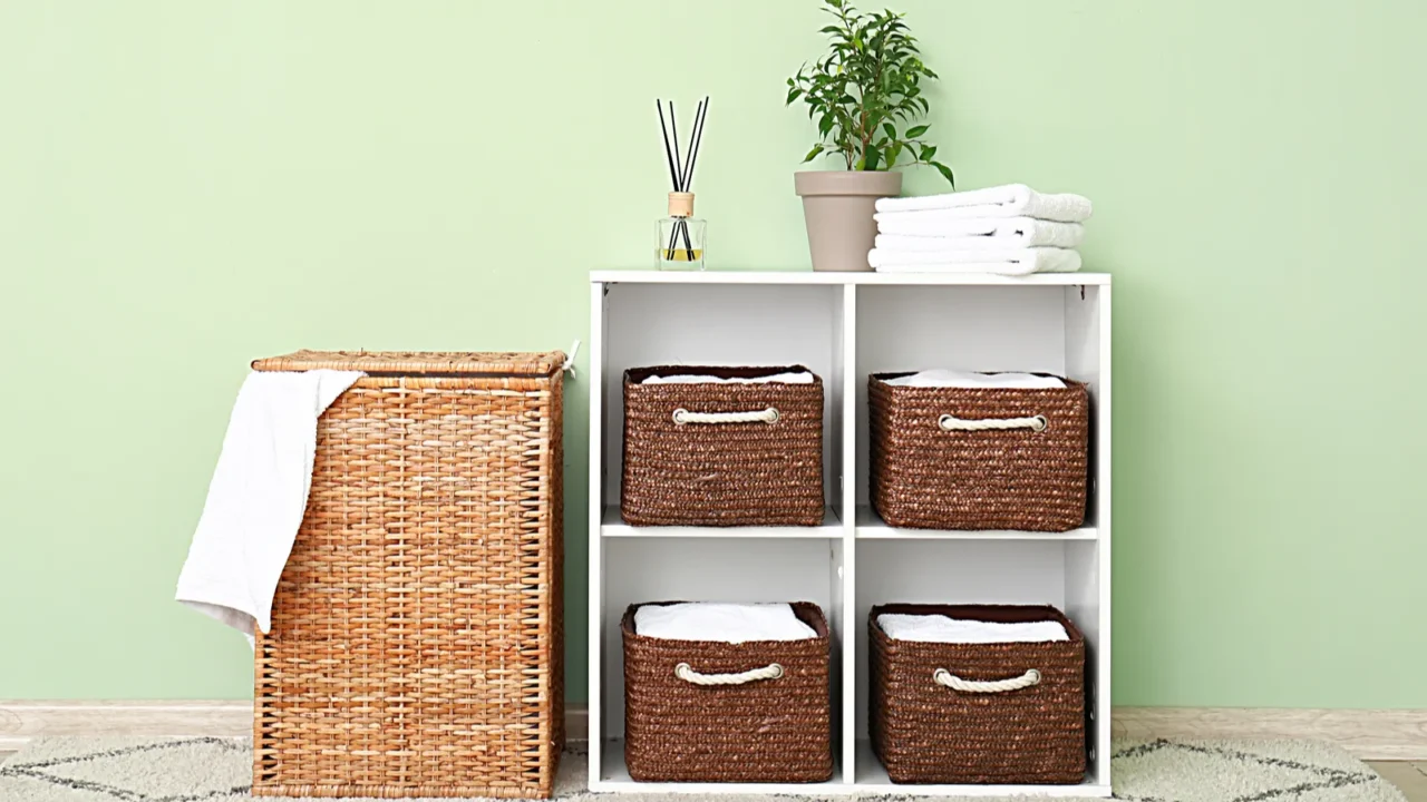 Rack with wicker baskets and towels in room