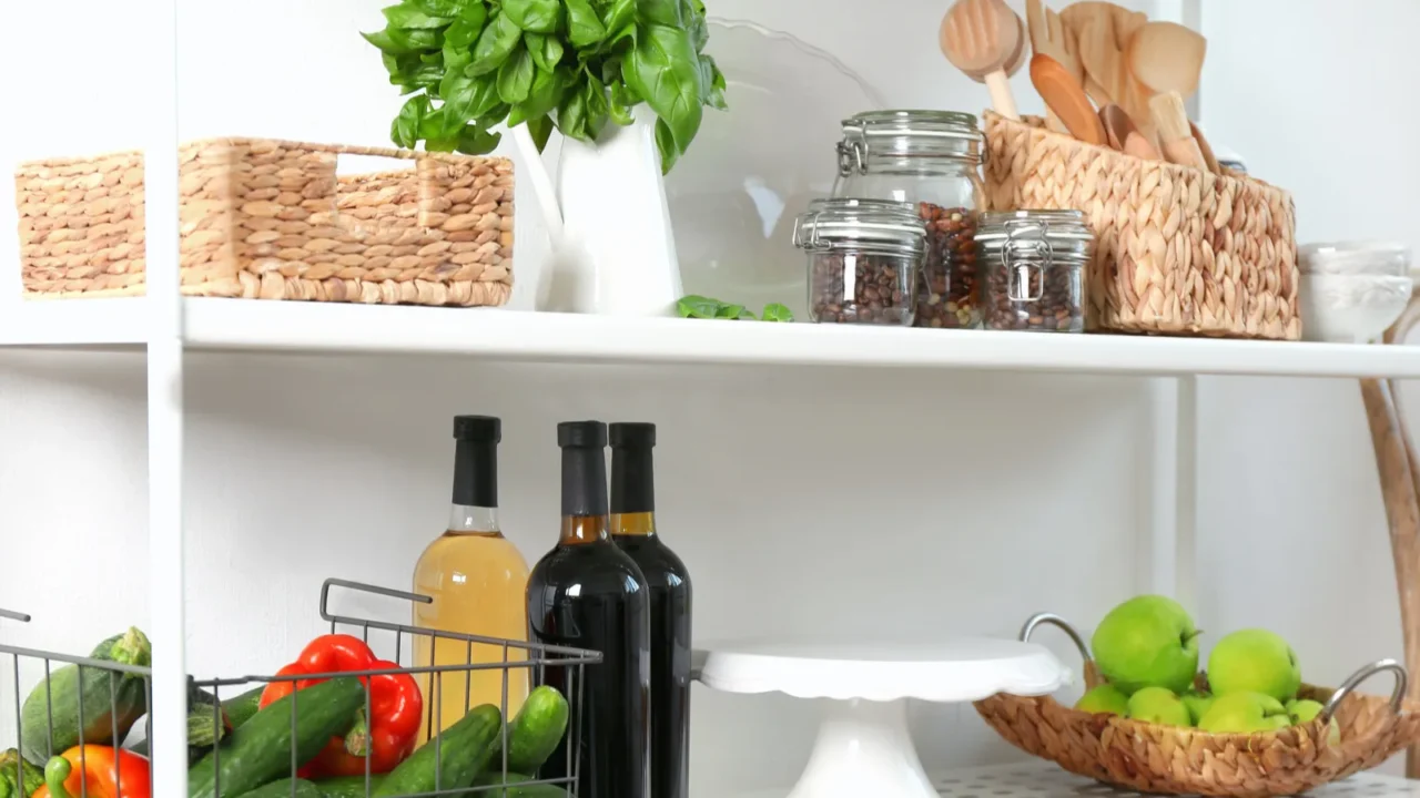 Storage stand with kitchenware and food stuff, indoors