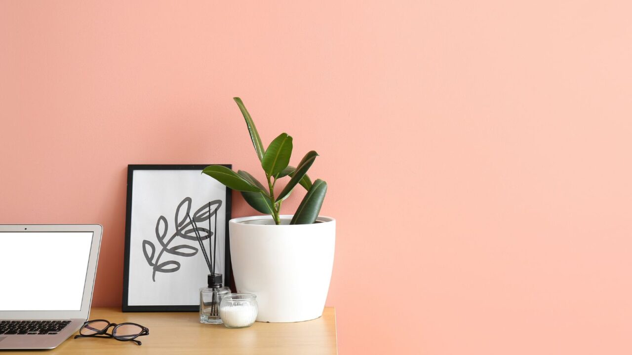 minimal workstation with a reed diffuser, candle, frame, and laptop