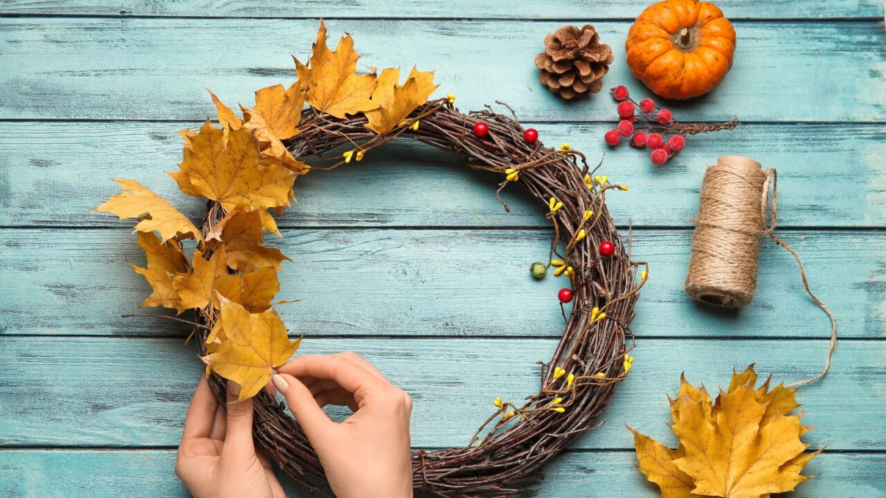 Grapevine wreath with fall decor