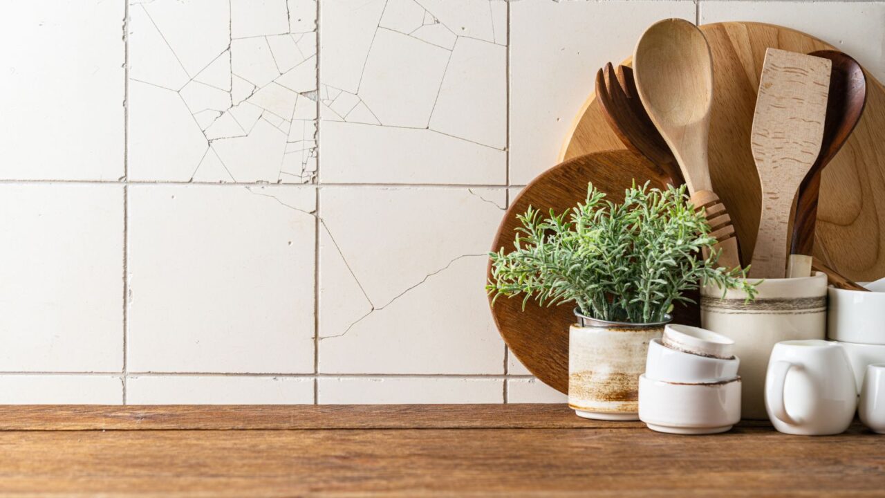Wooden utensils, cutting boards, and a potted plant on a kitchen countertop.