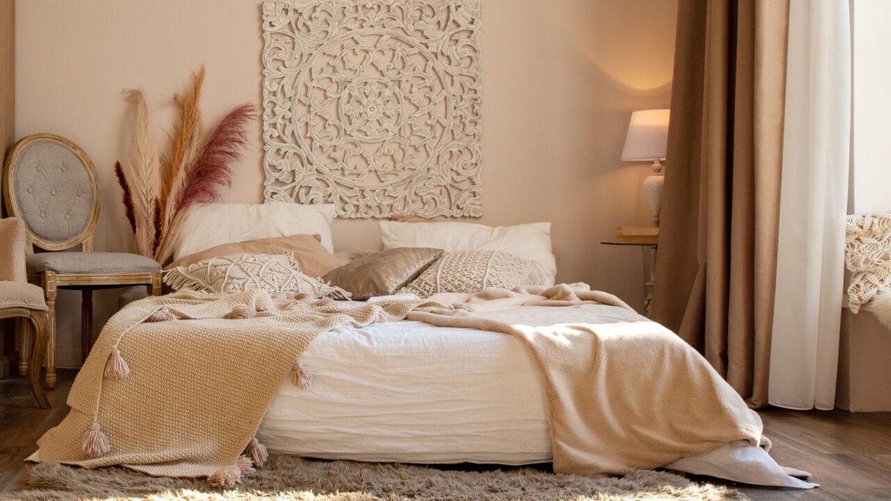 A bedroom interior with cozy bed with pillows and throw, a table with lamp, wall art, and curtains.