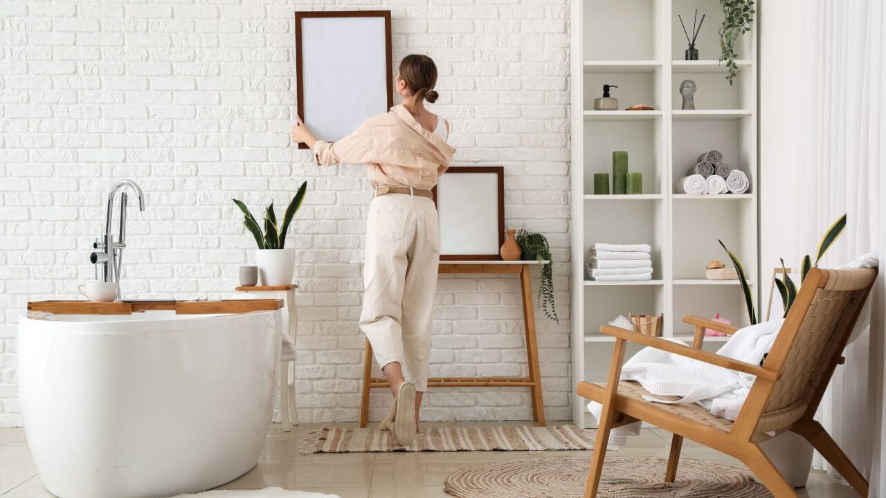 A woman hanging framed wall art on a bathroom wall behind the bathtub.