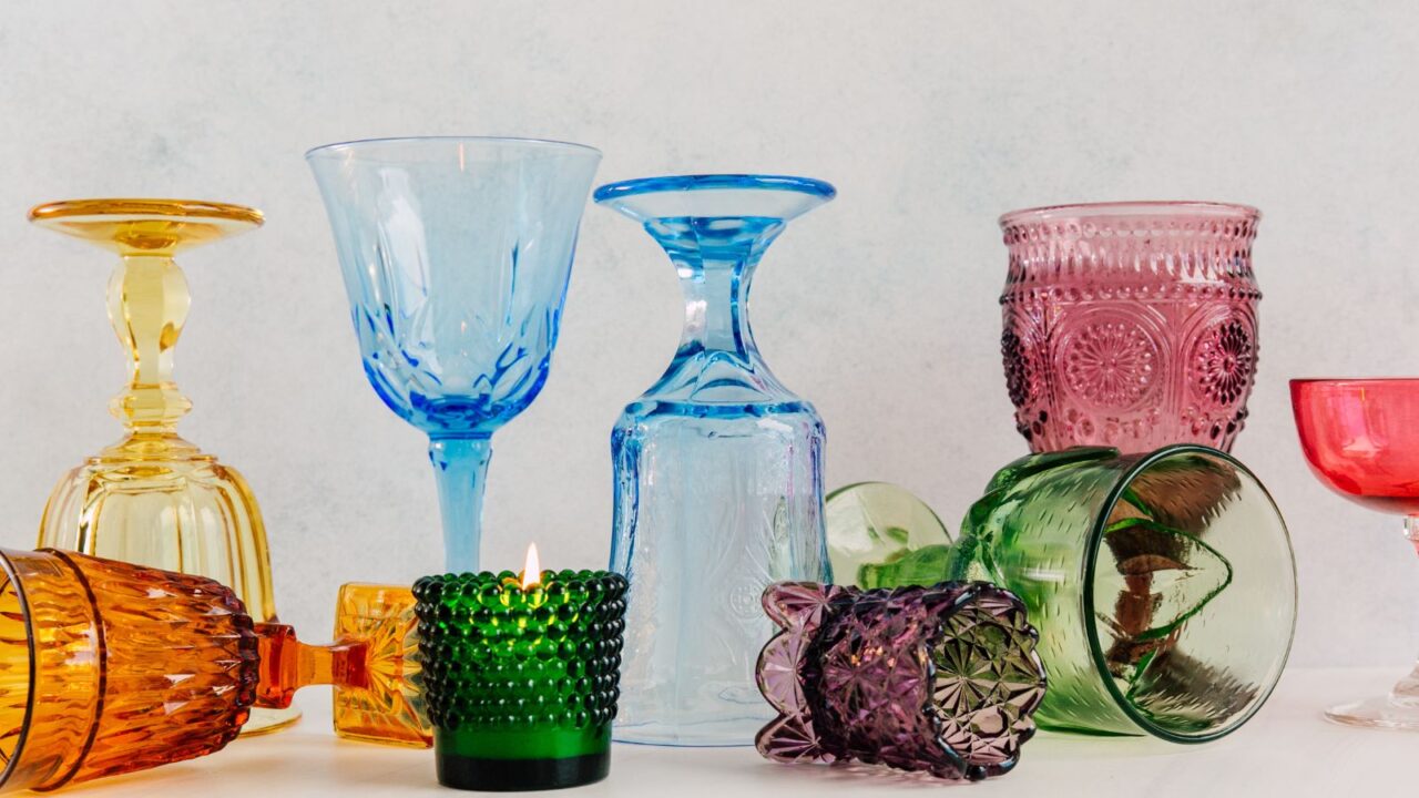 Colorful vintage rainbow glassware for home decor.