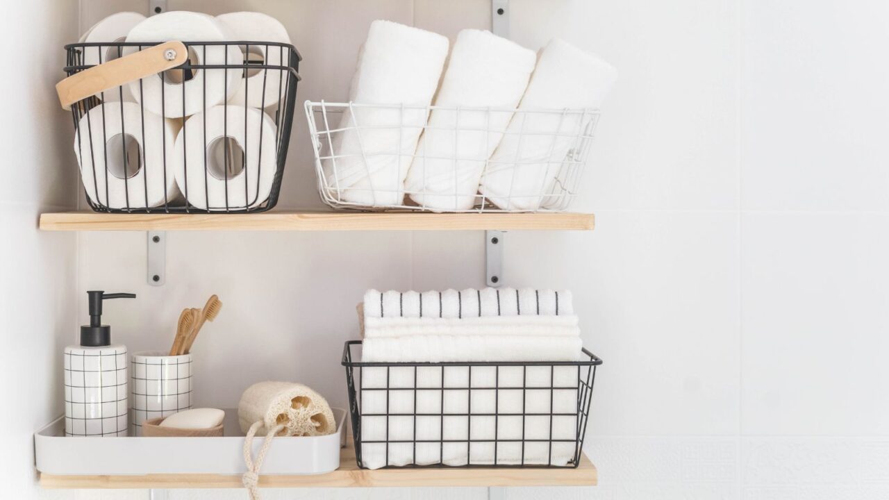 Floating shelves with bathroom accessories