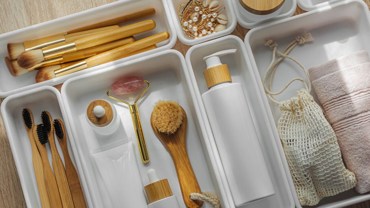 drawer organizer tray with toiletries and makeup