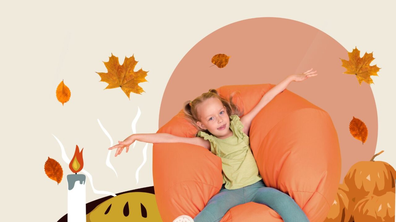 Collage picture of young girl sitting on a bean bag. Fall decor is around her like flying leaves, pumpkins, and apple pie.