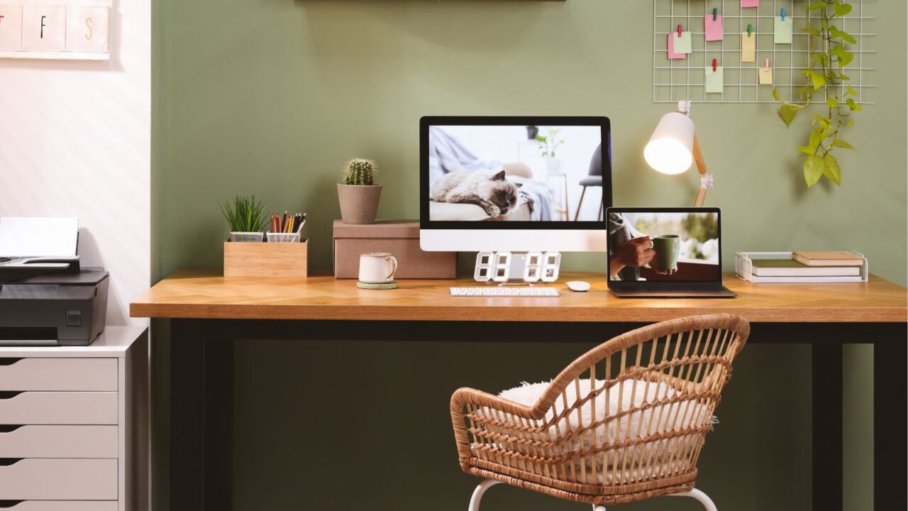 A stylish study room with a chair, a wooden table with a computer, laptop, and lamp in front of an olive wall with a mesh grid.