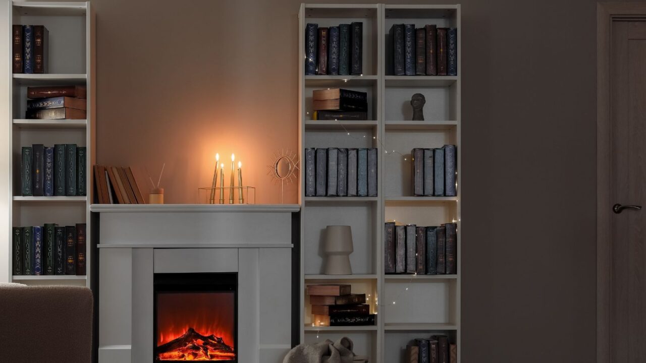 candles and diffuser on a fireplace in living room and book shelves on both sides