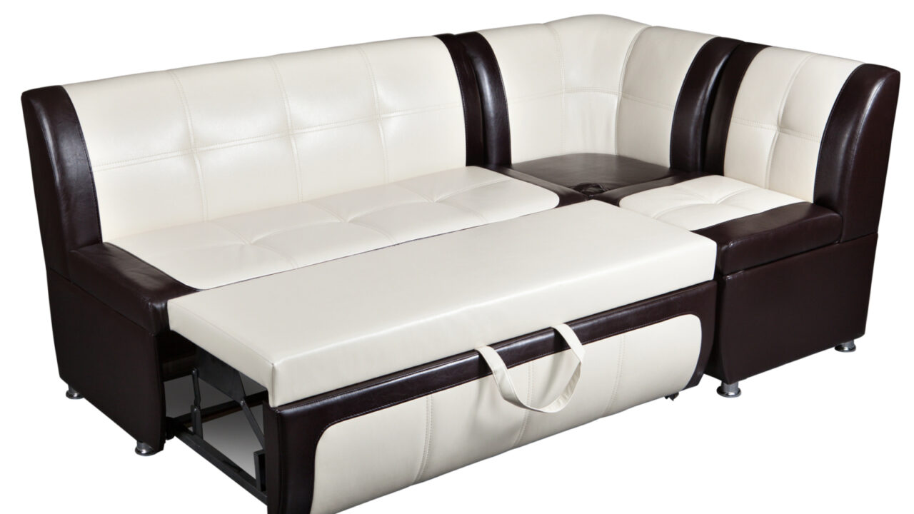 Corner sofa bed in artificial skin, furniture for kitchen