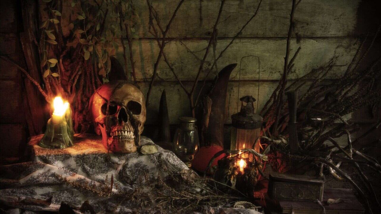 Still life with skull human in haunted abandoned house.