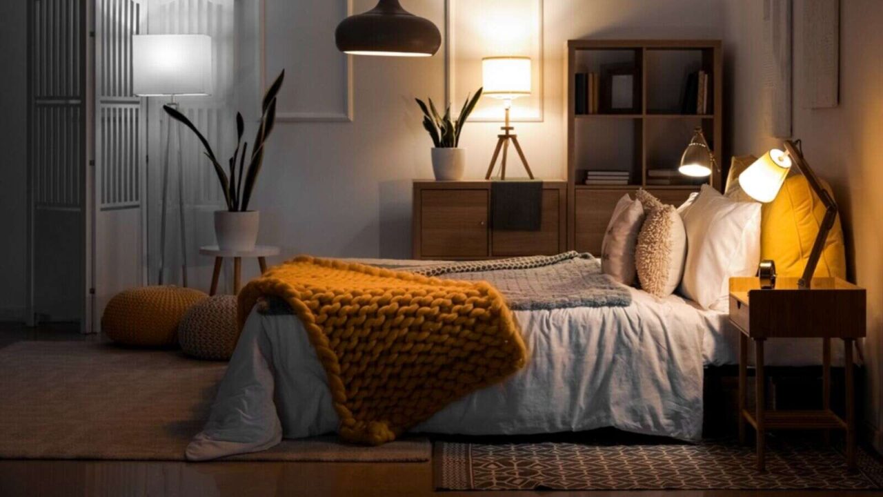 Interior of bedroom with knitted plaid on bed and glowing lamps at night.