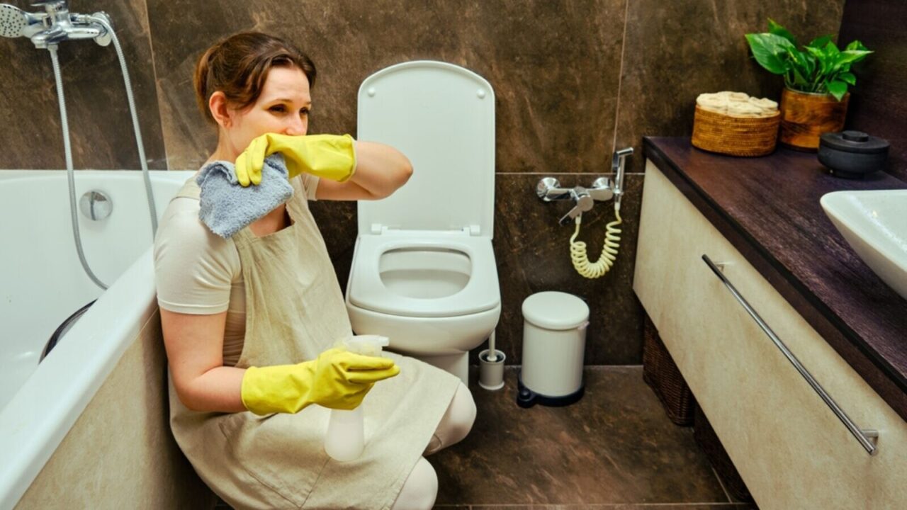 A woman cleans the home bathroom with a sense of disgust at the toilet bowl.