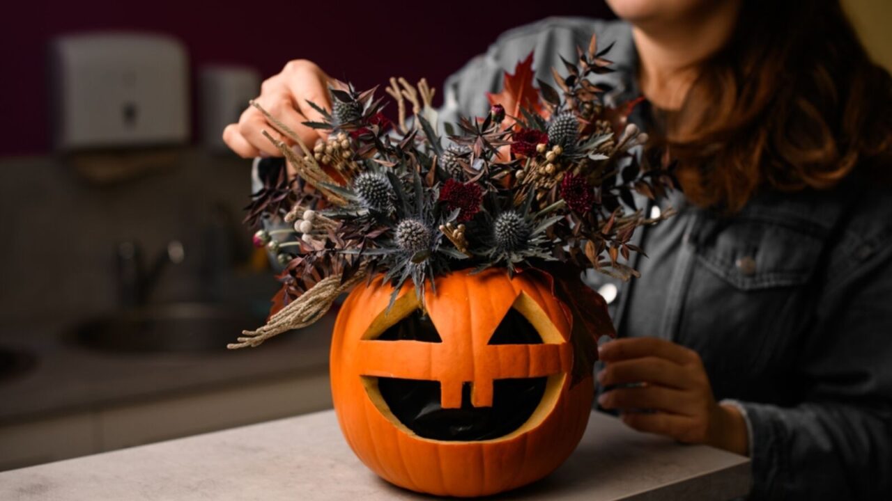 Hand of woman gently decorate lovely autumn arrangement of thistles flowers and plants in bright orange pumpkin with carved eyes and mouth.