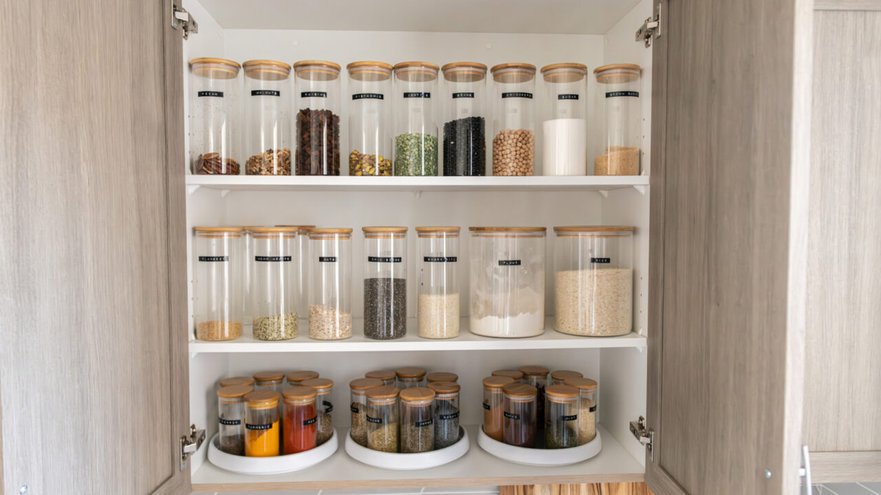 Neatly organized labeled food pantry in a home kitchen with spices grains flour rice sugar nuts in jars and lazy susan.