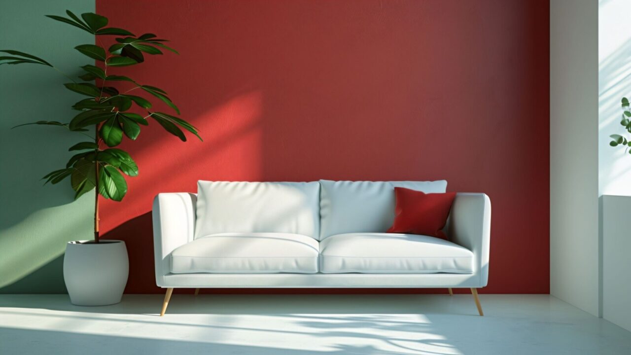 A white sofa and a potted plant is placed against a red accent wall in a bright room