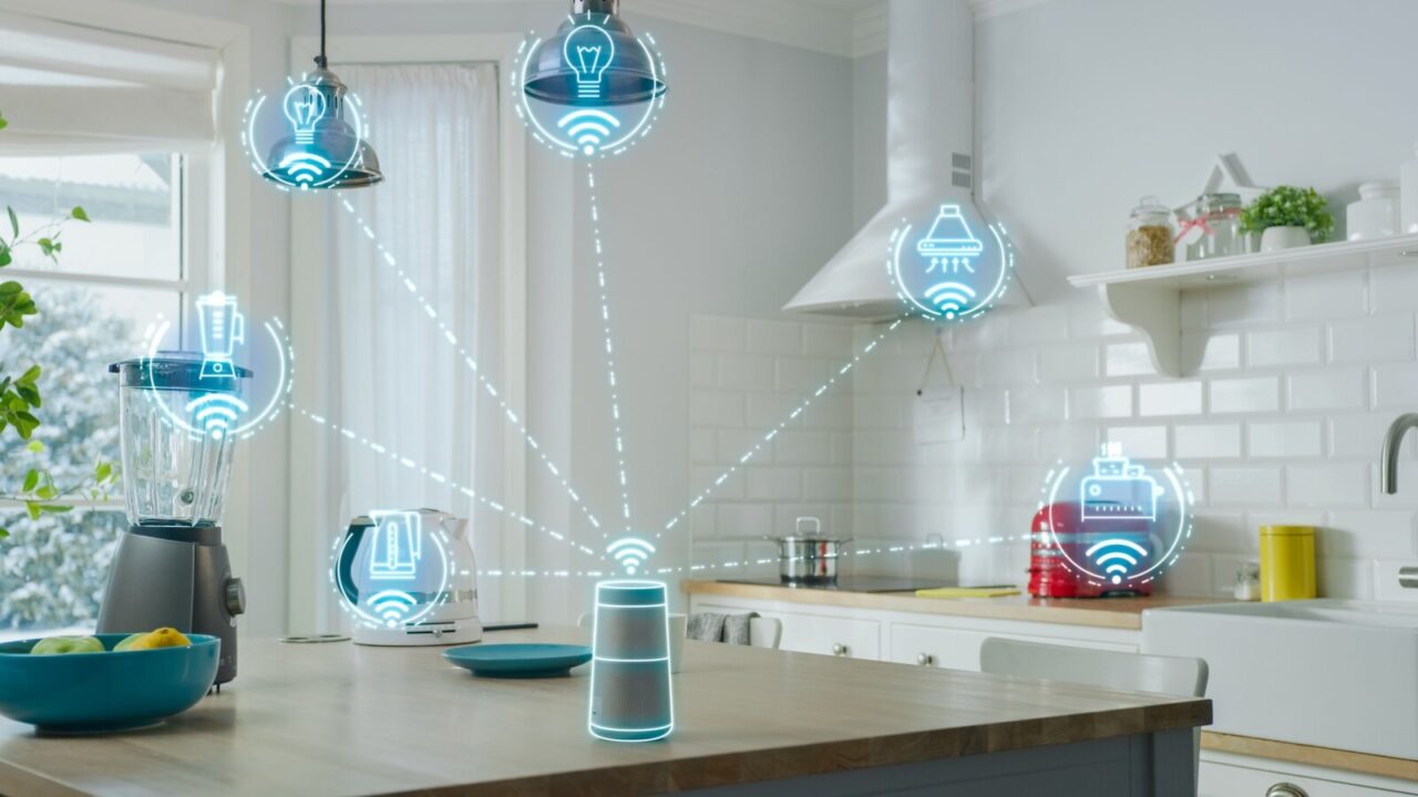 Smart kitchen concept with Wi-Fi controlled fixtures, blender, toaster and other equipment