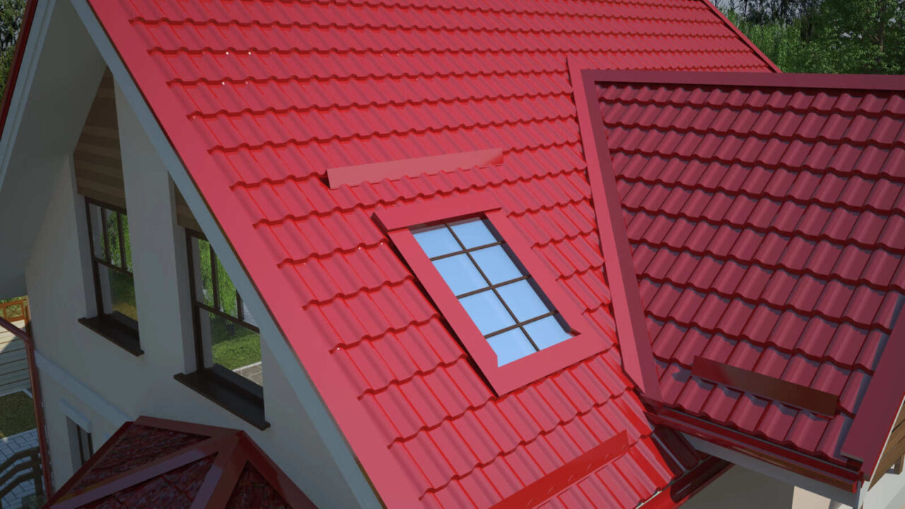 Red colored metal shingles on a roof