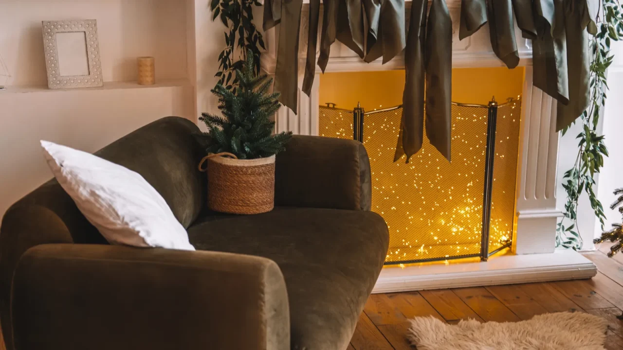 A stylish corner of a living room features a plush sofa, decorative pillow, and green plant. A glowing fireplace and holiday decorations create a warm, inviting atmosphere.