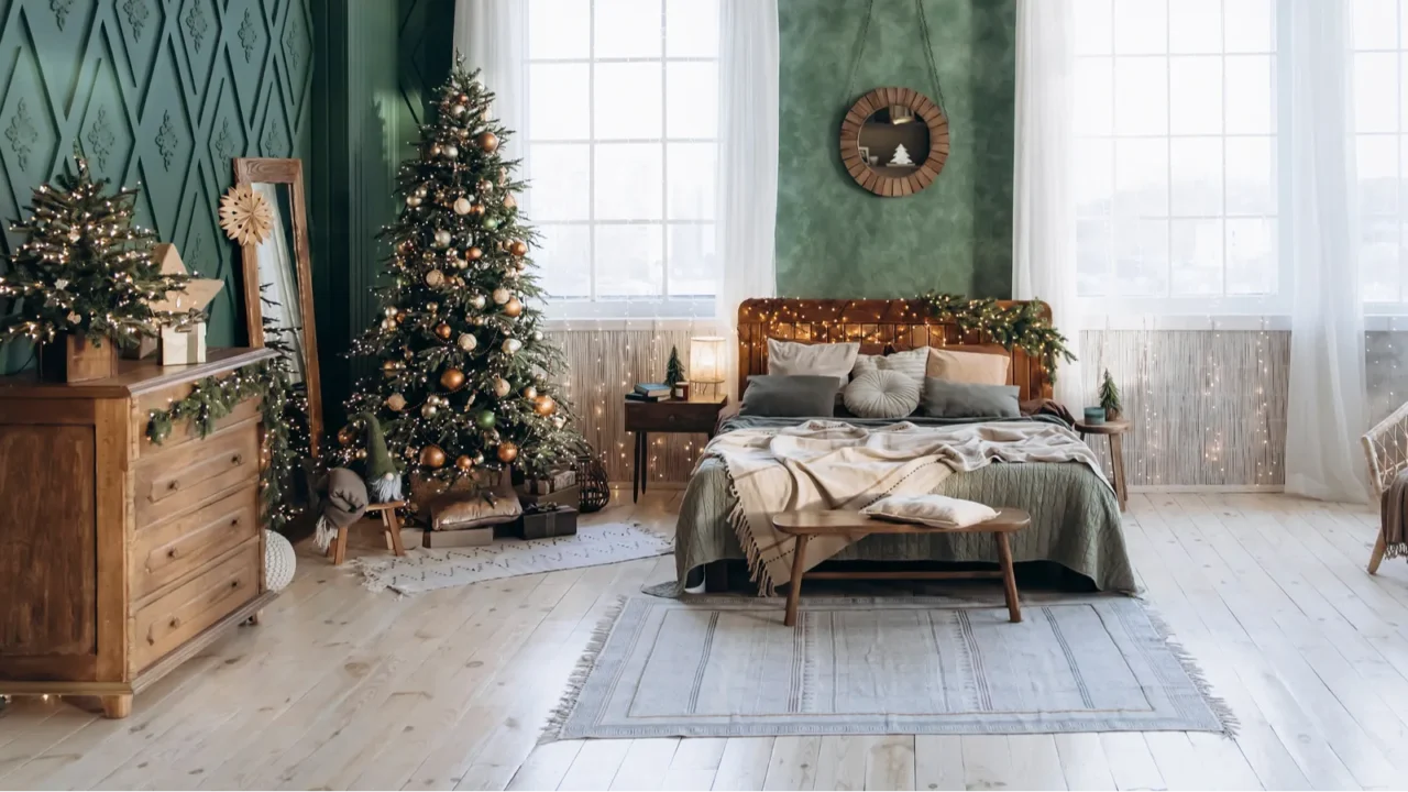 Airy bedroom with large windows decorated for Christmas. Beautifully Christmas tree with green, gold, copper, and silver baubles near a wooden bed draped in fairy lights, creating a cozy atmosphere.