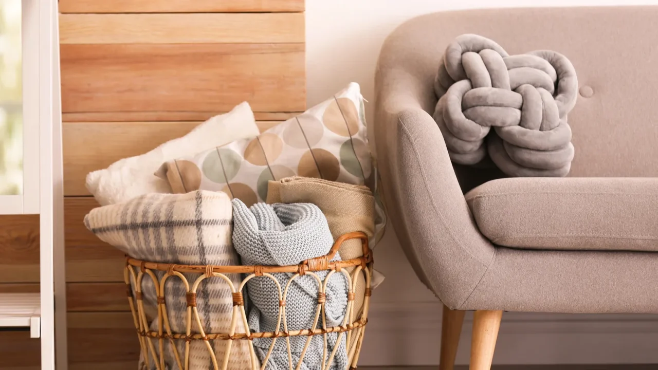 A cozy living room scene featuring a basket filled with various blankets and pillows next to a light gray chair with a knot-shaped cushion.