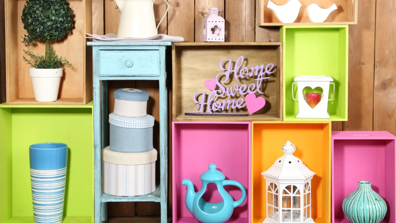 Beautiful colorful shelves with different home related objects on wooden wall background