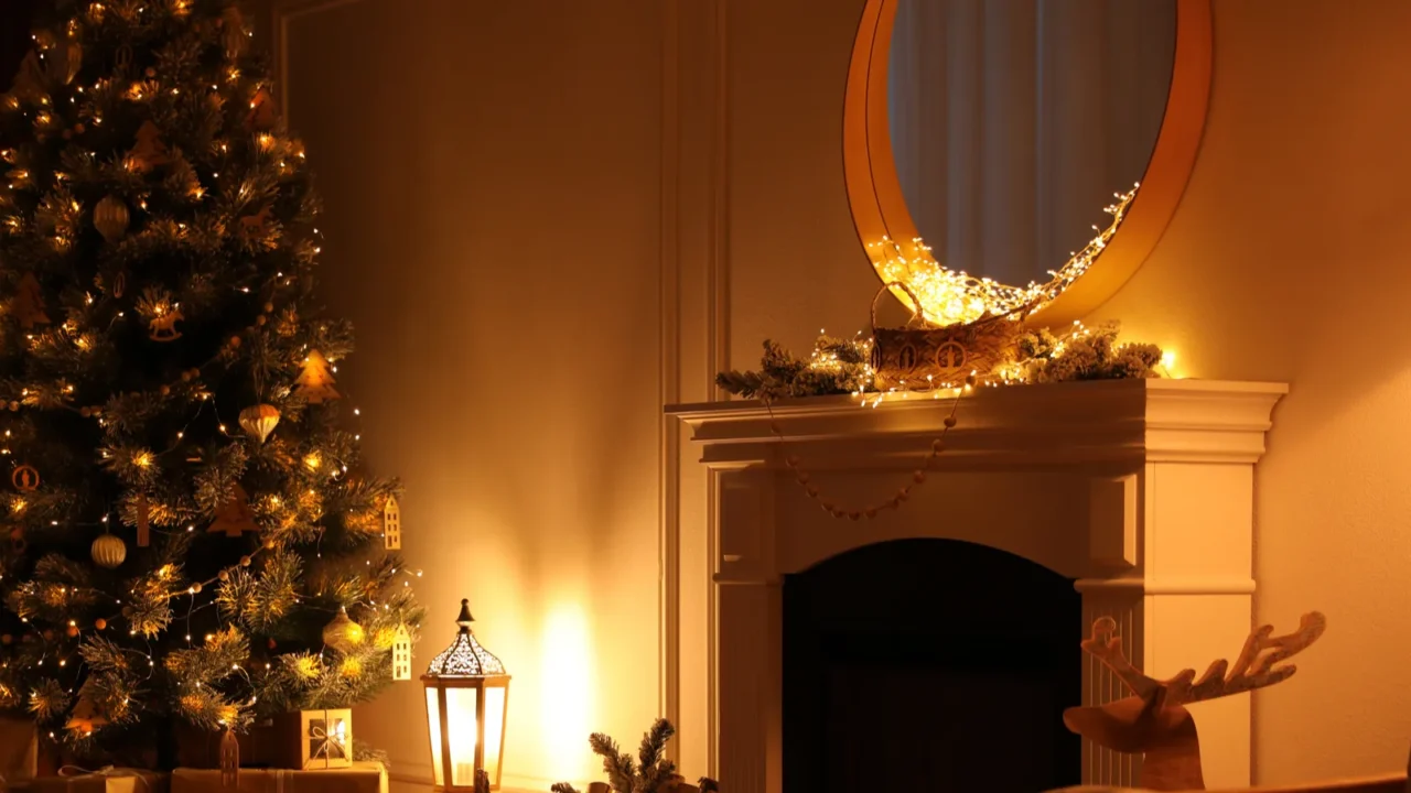 Beautiful room interior with Christmas tree and fireplace