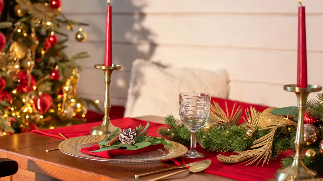 Beautiful table setting with Christmas decorations and dishware in living room. Festive table setting for Christmas dinner at home. Holiday Served table with decorations, candles and garland.