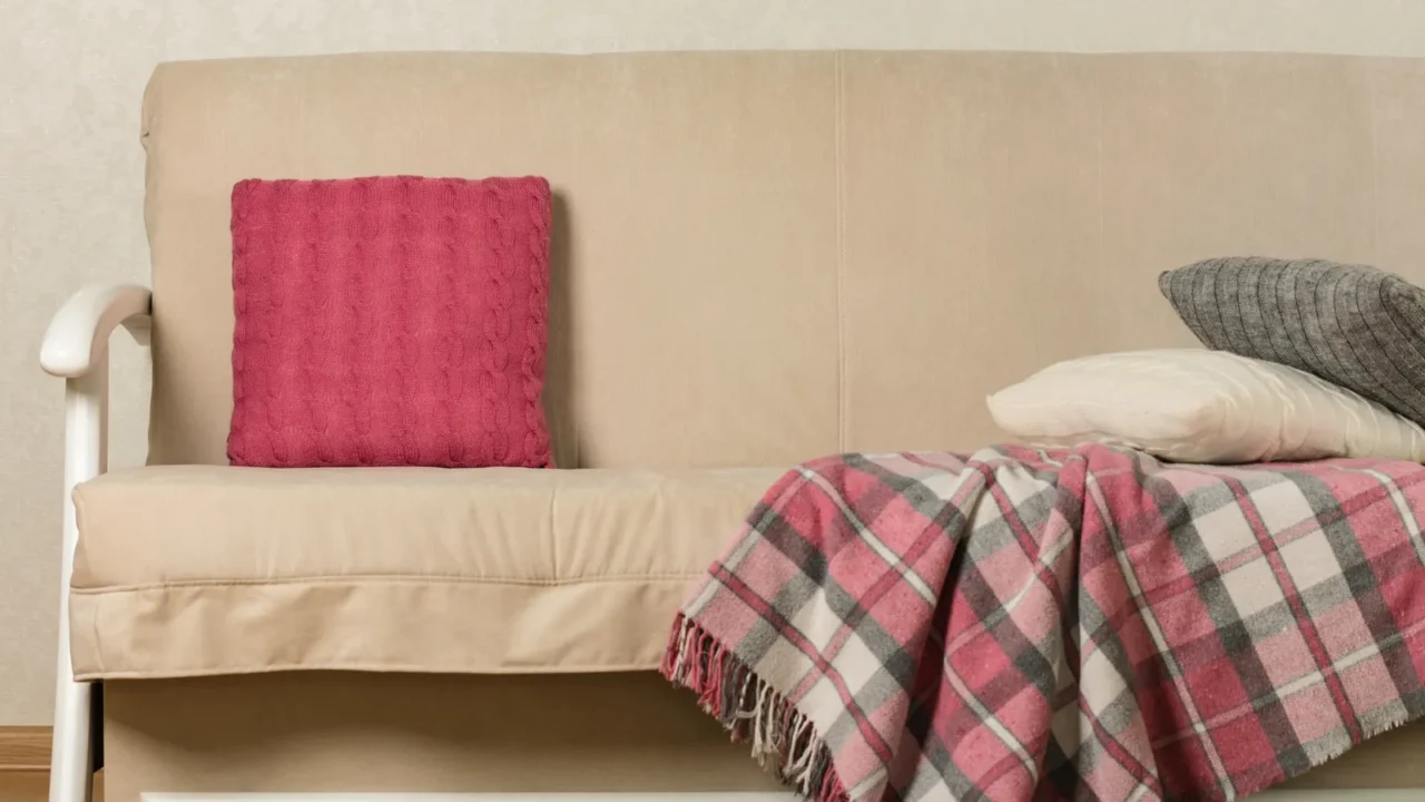 Beige sofa with plaid and colorful pillows (pink, grey, white) in the living room. Selective focus.