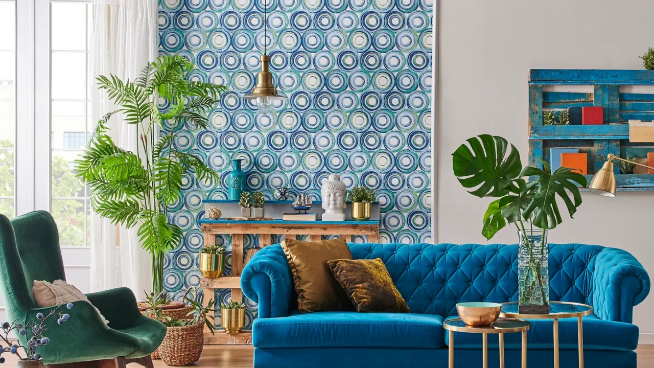 Blue wallpaper and sofa furniture style, decorative wooden palette bookshelf, gold lamp and middle table, vase of green plant, carpet and city view background.