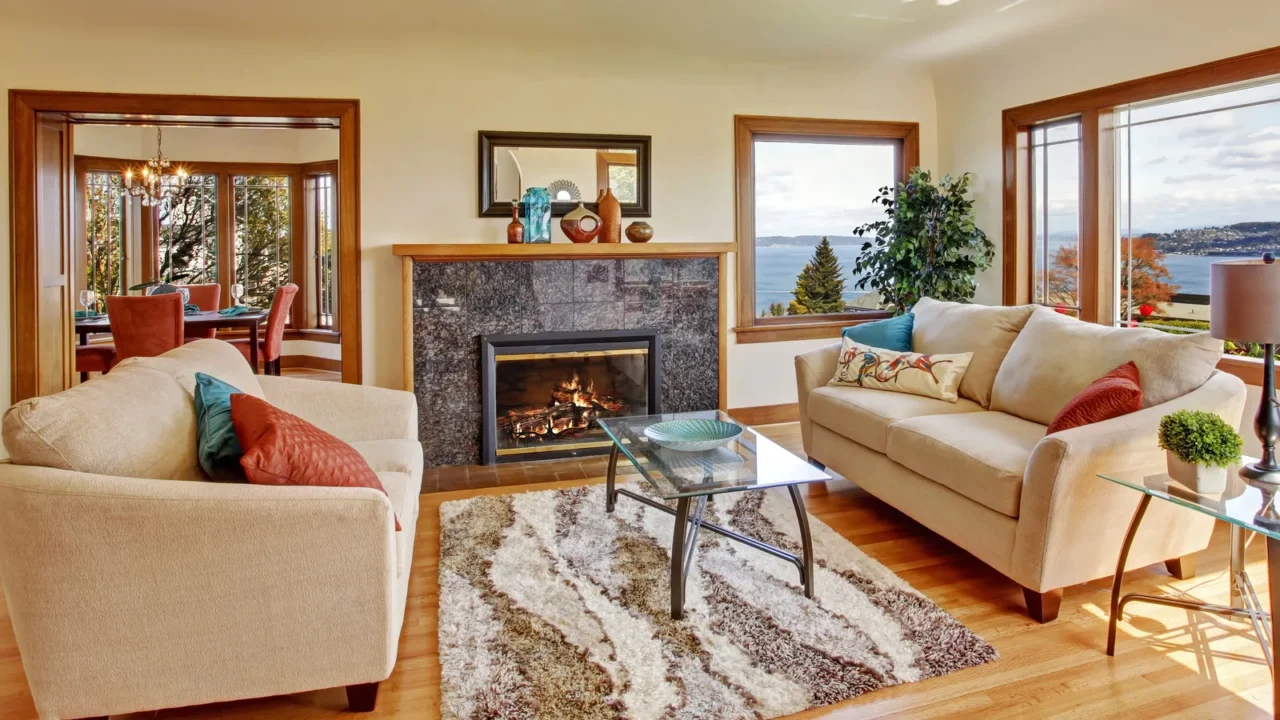 Bright living room in light ivory tones