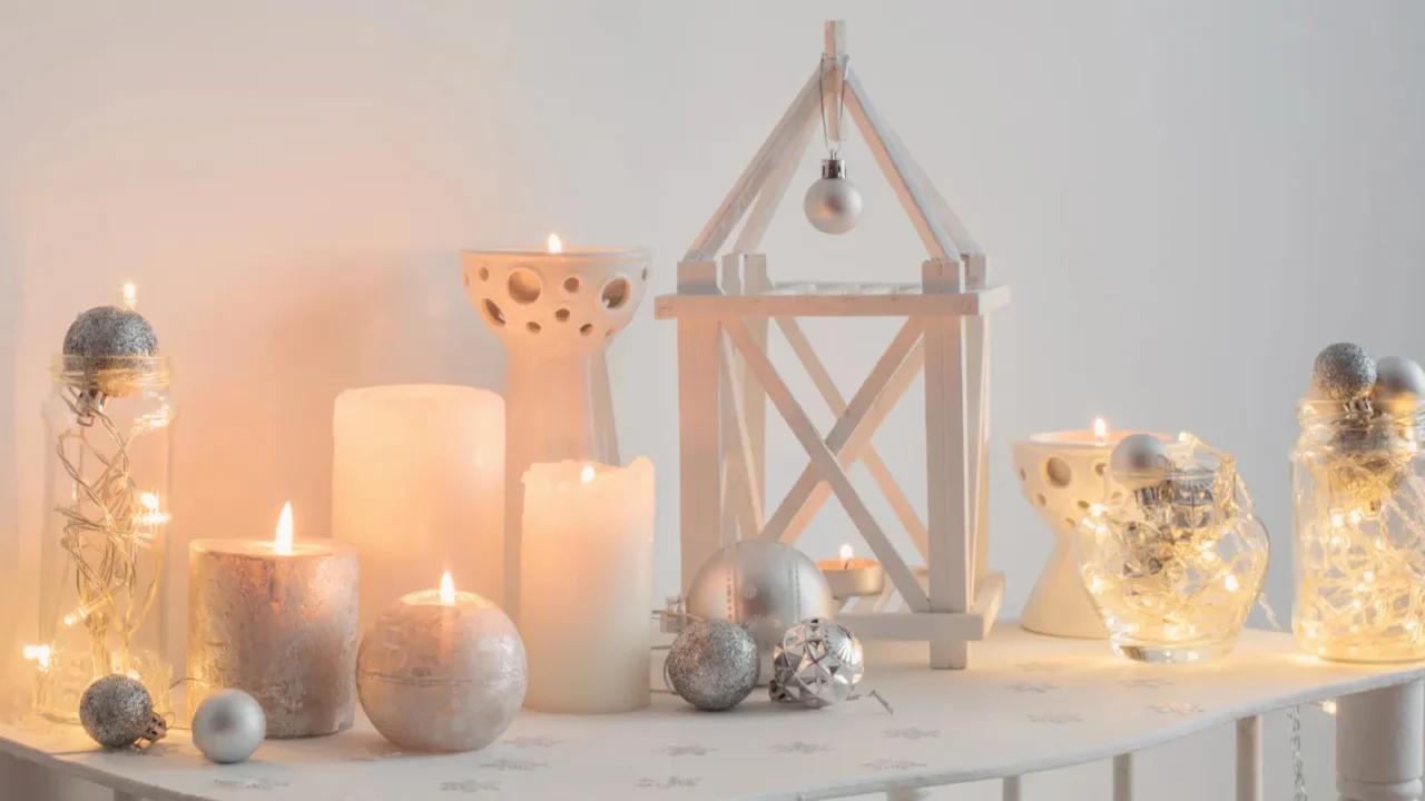 Christmas decoration with candles on background white wall